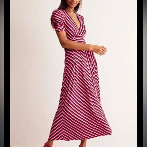 Boden Kristen Stripe A-Line V-Neck Midi Dress - Picture 1 of 16